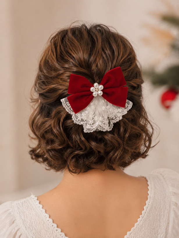 Red hair bow for girls and women | Simple lace ponytail model