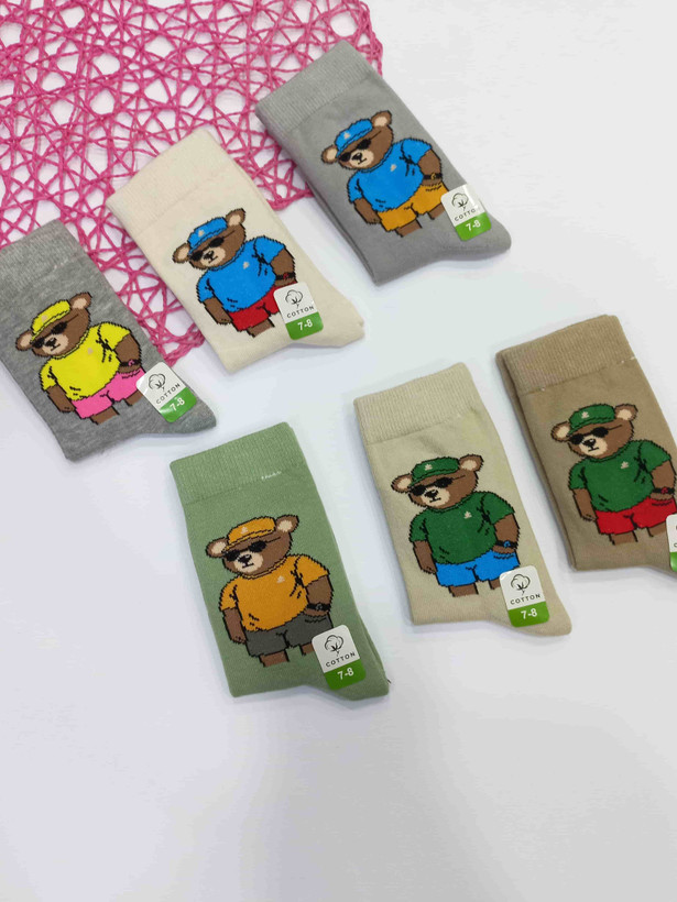 Children's crew socks, Teddy design, sizes 7–12 years.