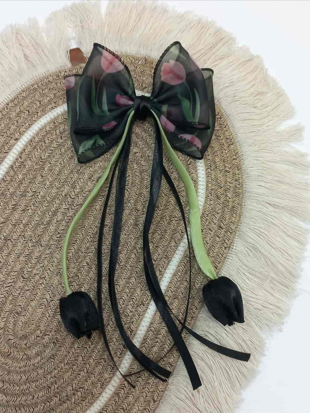 Tulip-Patterned Chiffon Hair Bow with Decorative Tulip | Girls' Hair Accessory