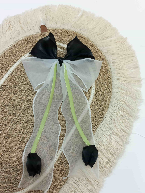 Holographic organza hair bow with hanging tulip charm