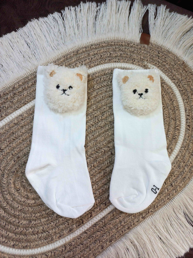 White Teddy-Design Baby Socks | Cotton Knee-Highs