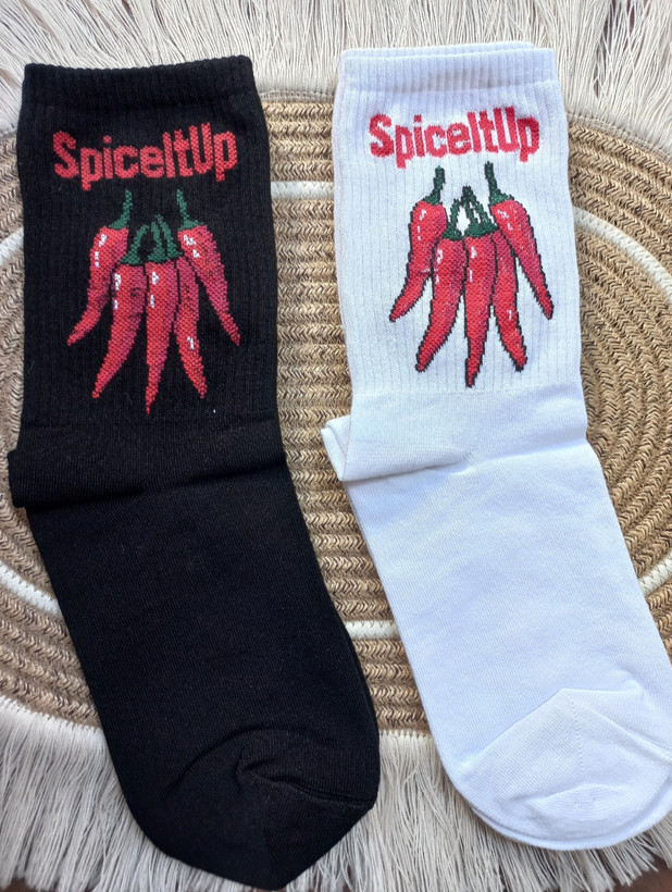 Women's Crew Socks – Spice It Up Pepper Design | Black & White, Sizes 36–44